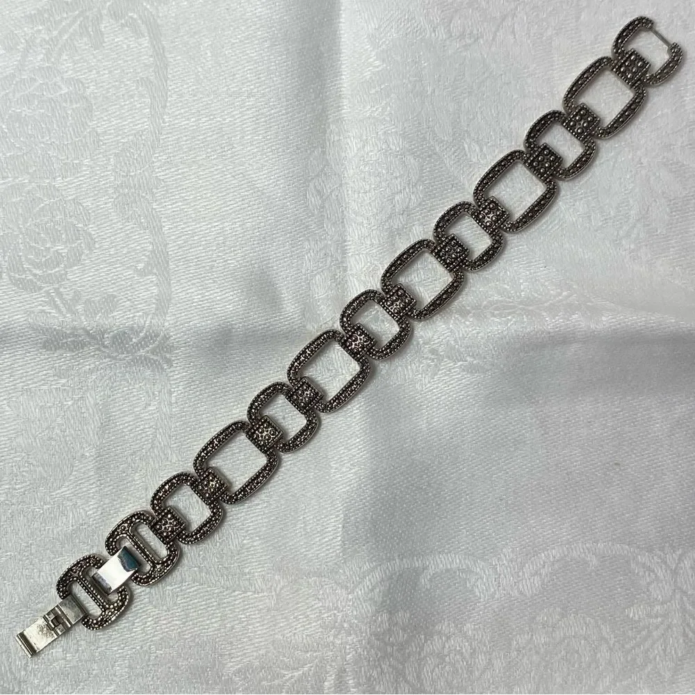 Art Deco Style Antiqued Silver Tone Faux Marcasite Rectangle Link Chain Bracelet